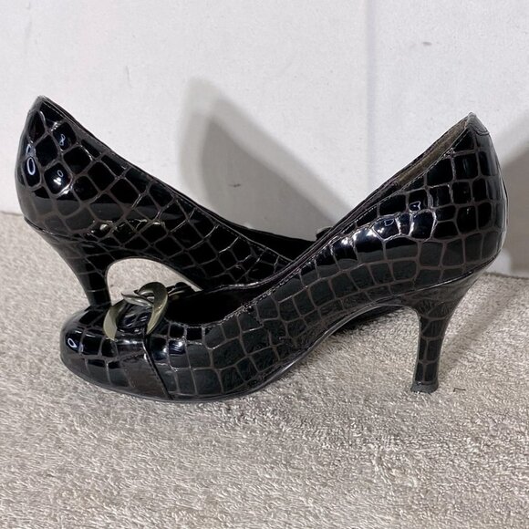 Bravo Browns Brown Lara Croc Embossed Patent Leather Heels W Brass Buckles 7.5 - Picture 13 of 14